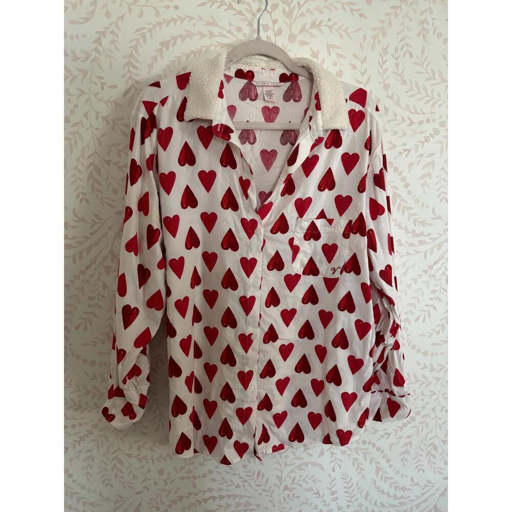 Victoria's Secret Heart Print Button-Up Sherpa Li… - image 1